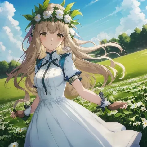 a woman in a white dress standing in a field of flowers, violet evergarden, cushart krenz key art feminine, beautiful maiden, cute anime waifu in a nice dress,  in dress, a maid in a magical forest, official artwork, lolish, fine details. girls frontline, ...