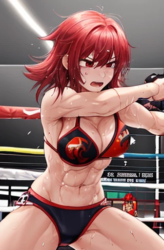 two female mixed martial artists。Rivals。fierce fighting。Damage accumulates。scratch。bleed。Manju Sosai。drenched in sweat。limits of physical strength。bikini。