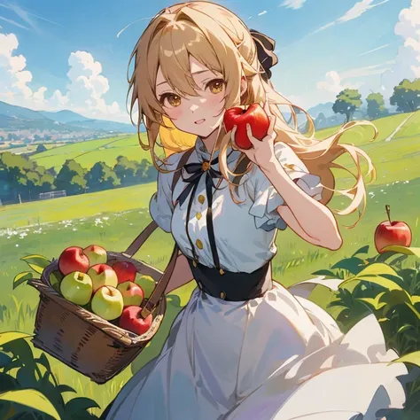 anime girl in a field with a basket of apples, anime visual of a cute girl, violet evergarden,  in dress, official art, rin, official artwork, guweiz on pixiv artstation, , guweiz, beautiful anime girl, beautiful anime portrait, clean detailed anime art, m...