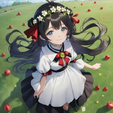 anime girl with long black hair and a flower crown in a field of apples, anime visual of a cute girl, anime moe artstyle, official artwork, small curvy , cute anime waifu in a nice dress,  in dress, standing in an apple orchard, official art, rin, young an...