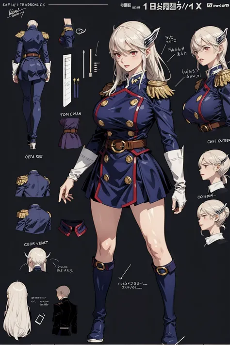 girl, solo, full body, from head to toe, standing, (Huge_Breasts:1.3), beautiful body, perfect body, nice body,

((Character Design Sheet:1.7, character reference sheet:1.7,)),

KyoukaUzen, hair ornament, military uniform, white gloves, epaulettes, belt, p...