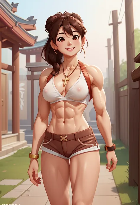 attractive korean woman, ripped muscle, muscular body, small breast, pale skin, smile, nude, tight shorts, cross necklace, sixpack abs, [ultra detailed skin:1.2], brown hair, hair bun, 8k uhd, pussy, full body, crowd, public, temple, standing,