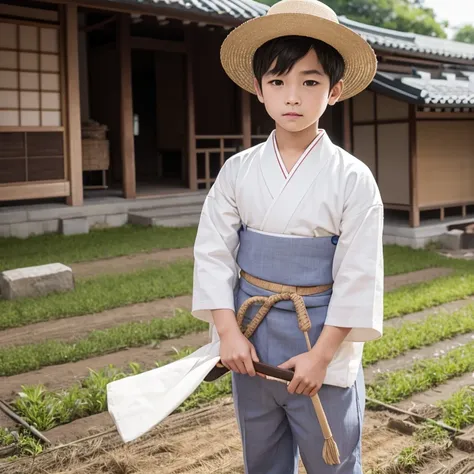  High resolution, Super detailed, masterpiece, highest quality,oriental、boy、Wearing traditional Japanese costumes、alone、boy doing farm work、