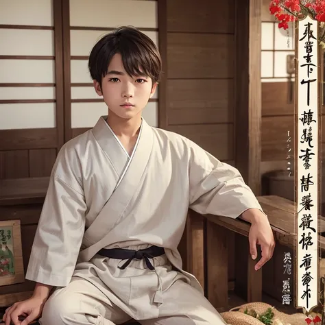  High resolution, Super detailed, masterpiece, highest quality,oriental、boy、Wearing traditional Japanese costumes、alone、boy doing farm work、pants、game poster、