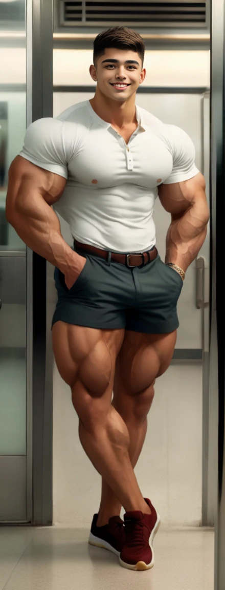 A very muscular highschool freshmen student standing in a subway holding bar. Extremely tall as the doors. Cute young smiling face. Only one person wearing a henley and shorts. Photorealistic.