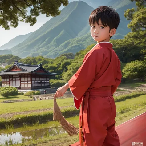  High resolution, Super detailed, masterpiece, highest quality,oriental、boy、Wearing traditional Japanese costumes、alone、boy doing farm work、pants、game poster、