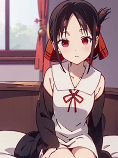 nsfw,Bedroom、on the bed、sit、Kaguya Shinomiya、red eyes,red ribbon,hair ribbon,bangs,short hair,side lock,folded ponytail,black hair,parted bangs, Uniform of Shunaiin Gakuen,black dress,neck ribbon,clavicle,white sailor collar