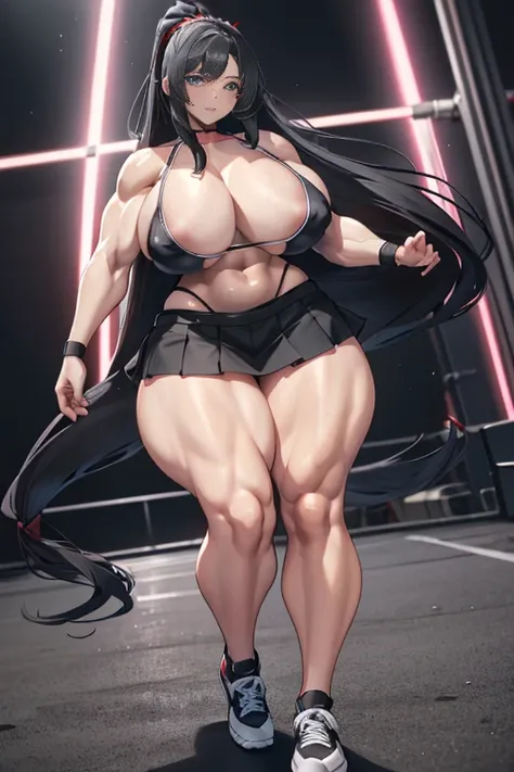 Best quality,8K,ultra high res:1.5),(Pretty very very long ponytail hair tied with red ribbon girl),(Huge breasts:1.20),(very voluptuous body),(very voluptuous thigh),(body builder girl:1.5),(wide muscle:1.8),(light smile),(eyes to camera),(light black hai...