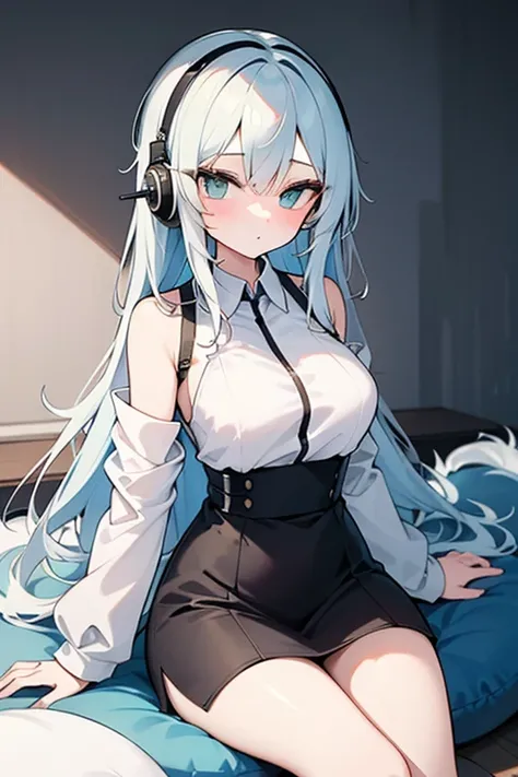 woman, boba tea, light blue bean bag, soft lighting, green eyes, white hair, blue headphones
