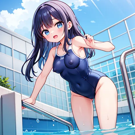 1girl, blue school swimsuit, erect, nipples, school swimming pool,