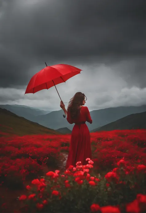 under rain，A sea of red flowers all over the mountains and plains，Ultra-long distance，girl holding umbrella