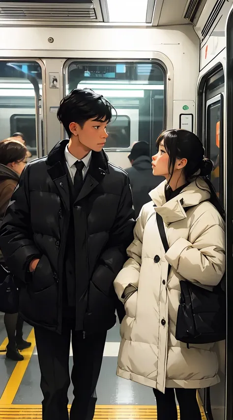 Two people standing side by side on a train, nostalgic melancholic artwork, A man looking at the scenery outside the subway door,man looking at man,vivid colors, soft focus, Light leakage, dreamy winter atmosphere, experimental charm, Retro charm break col...