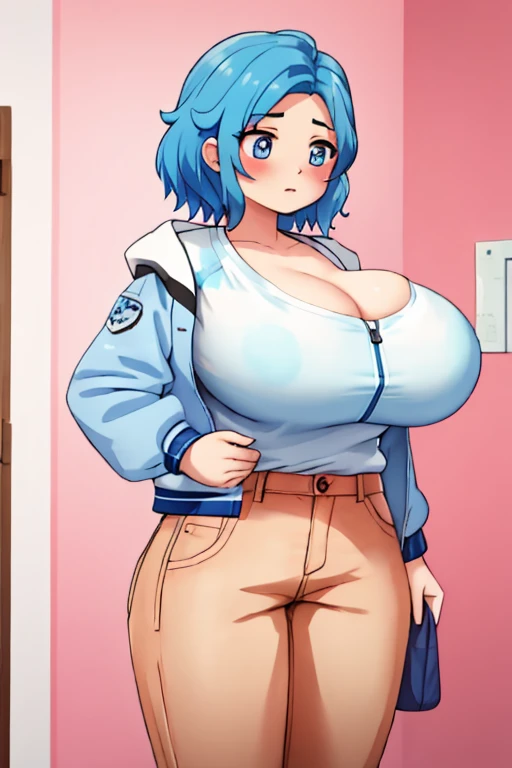 Best quality, masterpiece, tari, big , lactation, blue hair, unzipped blue jacket, white t-shirt, light brown pants, thick, wide hips, blue eyes, orgasmic expression, blushing,