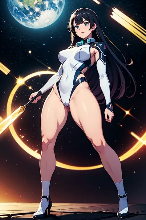 (best quality,4k,8k,highres,masterpiece:1.2),ultra-detailed,anime girl fantasy,sci-fi,space suit,big,front view,solo photo,thick hair,thick thighs,standing,thick legs,colorful,powerful lighting,deeper shadows,sharp focus,detailed facial features,sparkling ...