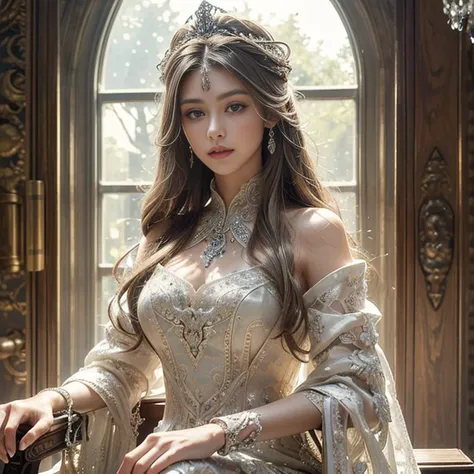 high details, best quality, 8k, [ultra detailed], masterpiece, best quality, (extremely detailed), ultra wide shot, photorealistic, a picture of a empress  wearing white dress (intricate details, Masterpiece, best quality: 1.5), holding a scepter (intricat...