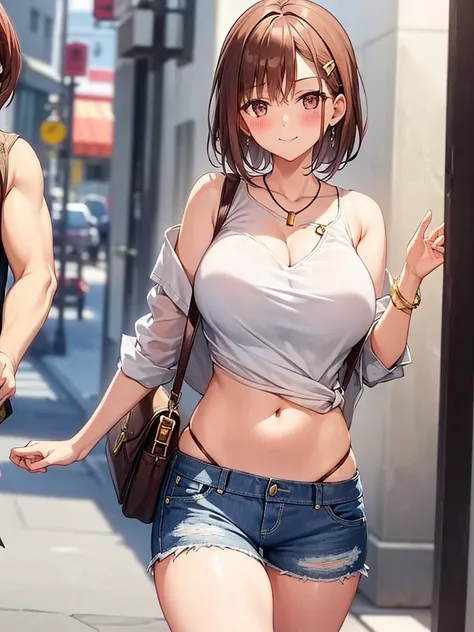 city, street, walk, shoulder bag, ((blush:1.2)), smile, 1 girl, (alone:1.3), hairpin, ((white shirt)), huge breasts, naughty big...