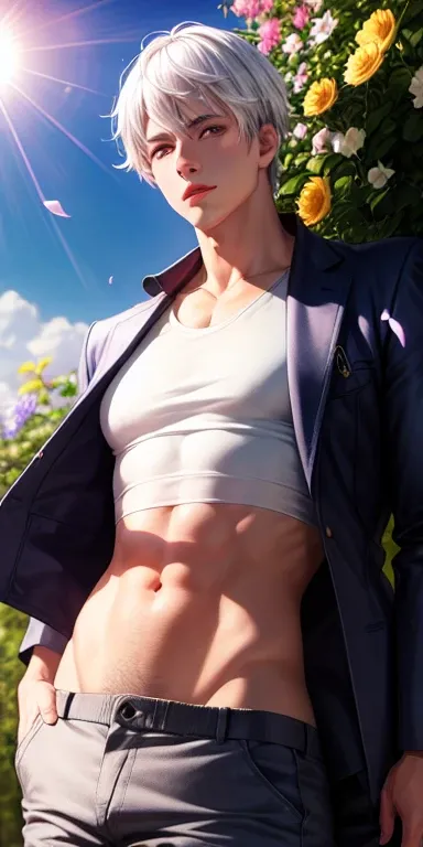 realistic, 1Male, white hair, purple eyes, shining eyes, crop top, trousers, Chapped lips, , daytime, flower, sun, sunlight,