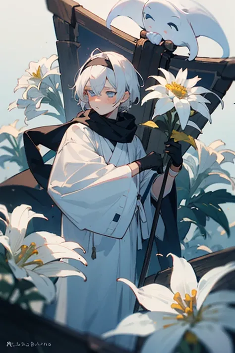 ((best quality)), ((masterpiece)), (detailed), the perfect face of anime boy, a ghost, 17-year-old, cute, blush, white hair, 6 ft tall, pale skin, blue eyes, white funeral outfit, black gloves, black and blue detail, black headband, yellow bow behind, and ...