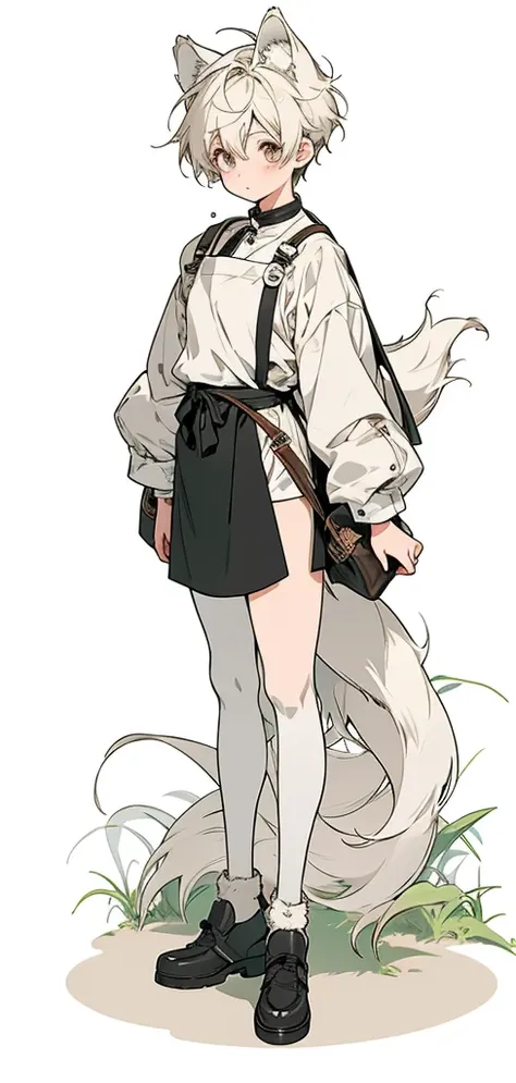 boy with wolf ears and tail, dressed in fashionable clothes, cafe apron、full body portrait!, anime full body illustration, full ...