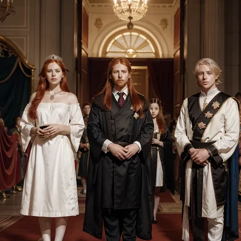 A royal family consisting of a red-haired king, a white-haired queen, a 13-year-old white-haired son, and a 12-year-old red-haired daughter. 