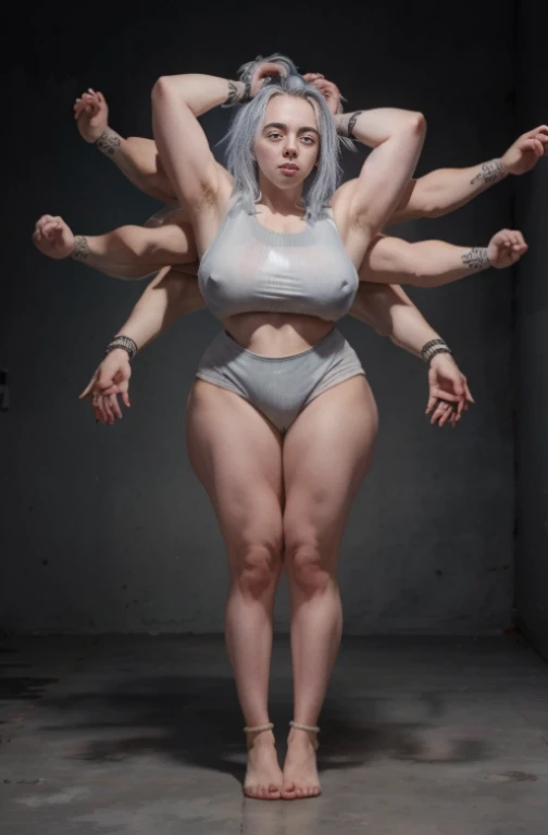 Billie eilish goddess with thousands of arms and hands in casual clothes, many muscular arms,(atleast 10 arms complete with hands )hundreds of extra arms, extra huge round breasts in tight shirt, full body shot sexy muscular legs and feet,