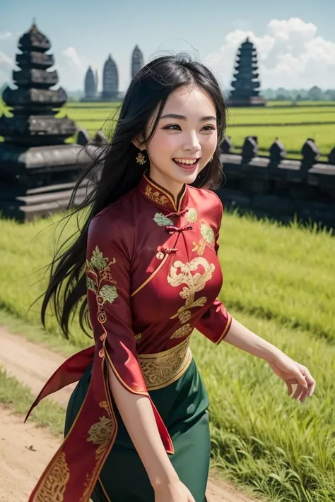 1girl, long black hair, brown eyes, wearing chinese red Cheongsam, in beautiful green bali field, near prambanan temple, high res, ultrasharp, 8K, masterpiece, laughing, happy, joy, feel free, running, look at the sky