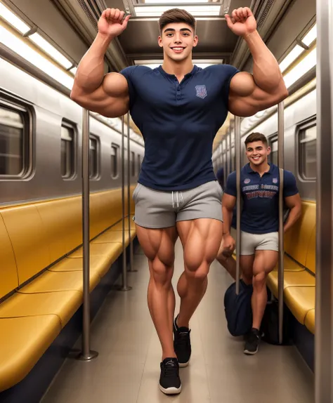 A very muscular highschool freshmen student entering a subway car. Extremely tall as the doors. Cute young smiling face. Only one person wearing a henley and shorts. Photorealistic.