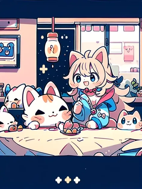 Young, cute, human, girl, crazy cat lady, completely surrounded by cats, covered in cats, lot of cats, smiling. Indoors, large room. Cartoon, anime