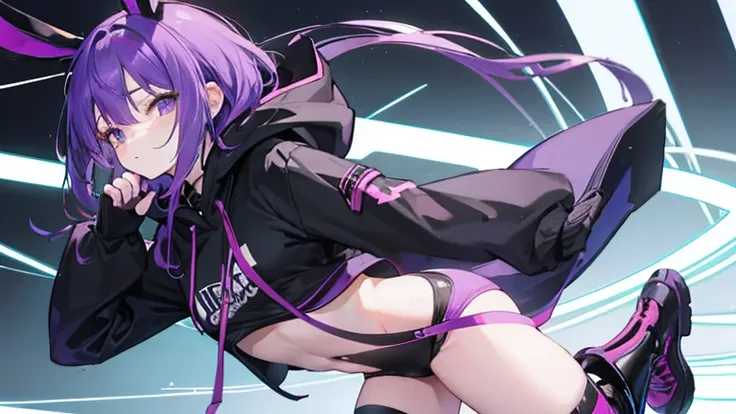 Female brat, black hoodie, purple hair, rabbit ears 