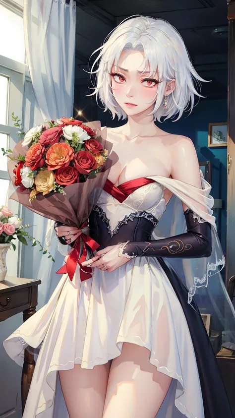 ((((masterpiece, best quality, high resolution)))), (1girl:1.5), ((short hair, white hair, red eyes, sharp eyes)), (average breasts:1.2), blush, (blushing, embarrassed), glow, thighs, bare shoulders, collarbone, narrow waist, (slender body figure), (beauti...