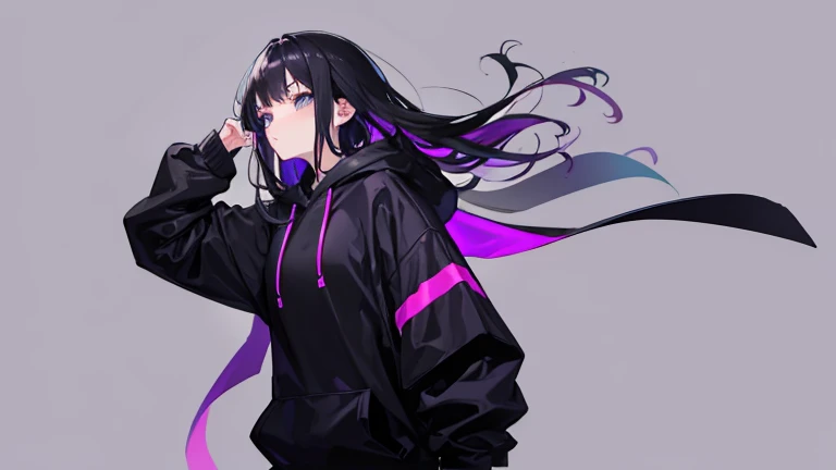 Black hoodie, black hair, purple inner color, whole body, one person, woman, plain background