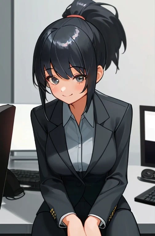 1girl,20th generation women,Calm atmosphere,workplace,looking at the camera,shy smile,shy smile,ponytail,black business suit