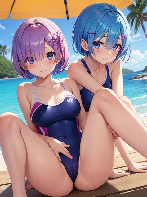 masterpiece, best quality, ultra-detailed, 1 girl、Rem、Re:zero、blue hair、short hair、 super fine illustration、美しいseductive anime girl、Super detailed、Sunburn mark、black skin、smile、beautiful bluish eyes、beautiful proportions、gentle expression、seductive anime g...