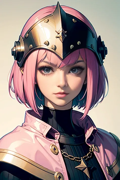 pink hair,female,20s,bob cut,armor,cape,helmet ,face,portrait 