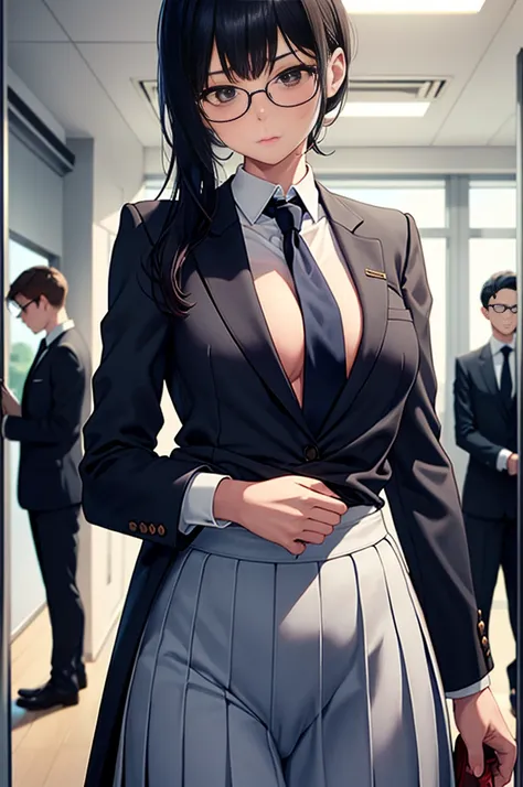 best quality, NSFW, 3girls, 4boys, 4girls, 5boys, 6+boys, arms_behind_back, audience, bangs, bdsm, black_hair, black_necktie, blue_jacket, blue_necktie, blur_censor, blurry, blurry_background, blurry_foreground, bokeh, bondage, bound, bound_arms, bound_wri...