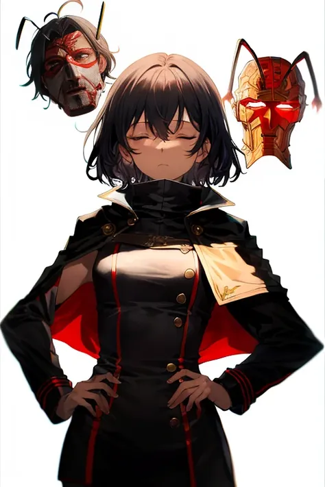 upper body, hornet, 1girl, solo, mask, closed eyes, simple background, (black skin:1.2), red capelet, turtleneck, hands on hips