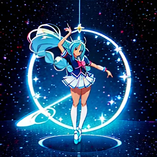 anime, magical girl, (happiness charge precure), pretty cure, (dark skin), African American, (((giant braided ponytail winds swings around body, cyan hair))), long white ribbon in hair, white knee-high boots, blue skirt with spiral pattern, brooch on chest...