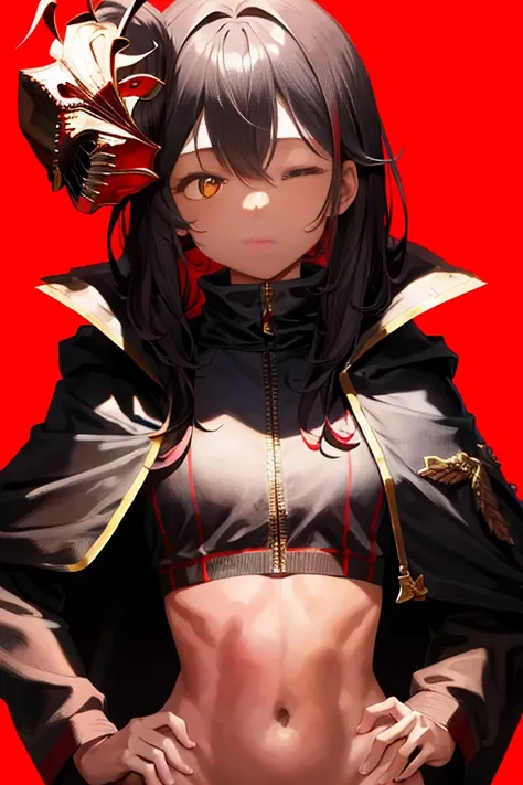 upper body, hornet, 1girl, solo, mask, closed eyes, simple background, (black skin:1.2), red capelet, turtleneck, hands on hips