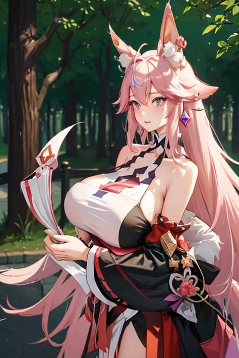 yae_miko, 1girl, pink hair, purple eyes, long hair, fox ears, earrings,(gigantic breasts:1.5), hair ornament, jewelry on the chest, yae mikos clothes, bare shoulders, detached sleeves, standing, upper body, outdoors, park, flowers, lawn, trees, sunshine,