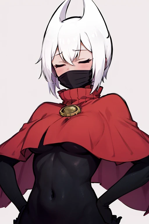 upper body, hornet, 1girl, solo, mask, closed eyes, simple background, (black skin:1.2), red capelet, turtleneck, hands on hips