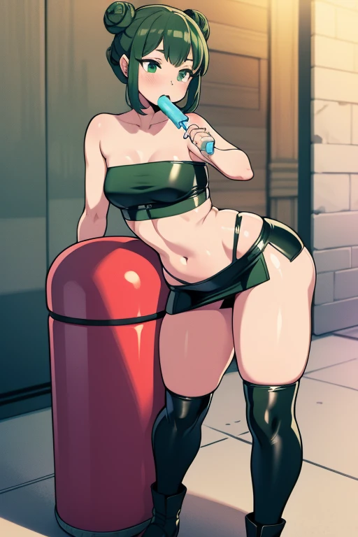 detailed digital art, dark green slim girl, hair is in two buns, undersized clothes, ((tight leather mini tube top)), small breast, leather mini skirt, tight leather stockings, pair of leather boots, licking popsicle