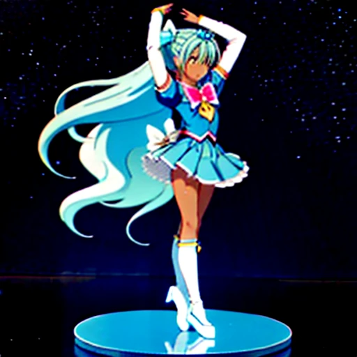 anime, magical girl, (happiness charge precure), pretty cure, (dark skin), African American, (((giant braided ponytail winds swings around body, cyan hair))), long white ribbon in hair, white knee-high boots, solid light blue skirt, gold heart brooch on ch...