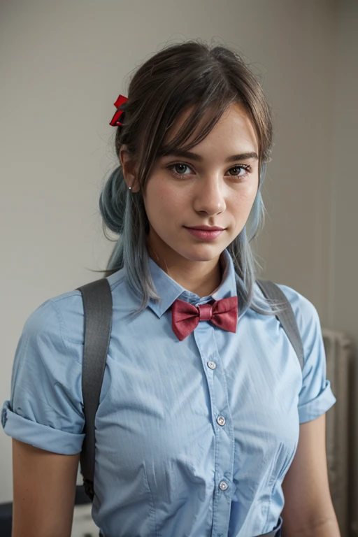 Make me a light blue shirt with a red bowtie with a pastel texture and gray braces.