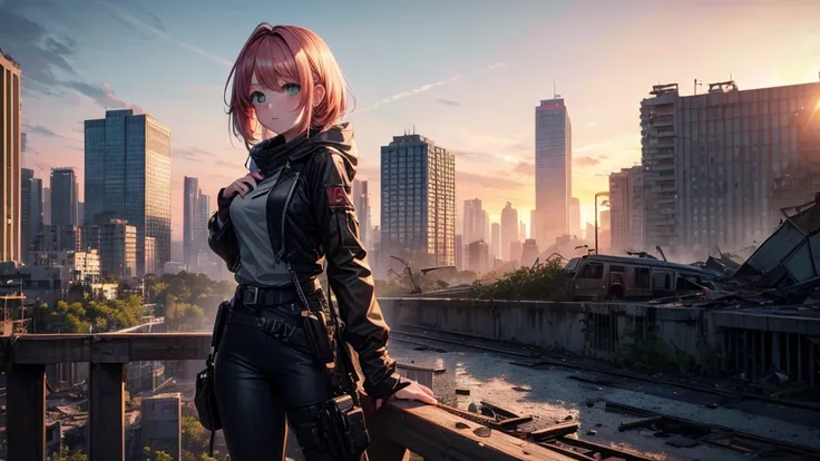 (best quality, 4k, 8k, highres, masterpiece:1.2), ultra-detailed, abandoned destroyed city with skyscrapers covered with vegetation on background, sunset, railroad between buildings, vine, anime girl in castoffs close to camera, ash hair, green eyes, look ...