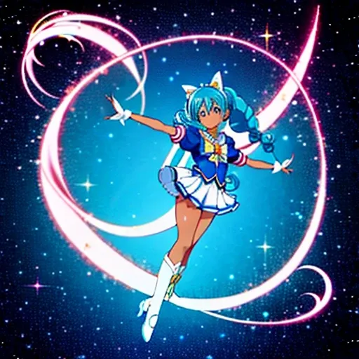 anime, magical girl, (happiness charge precure), pretty cure, (dark skin), African American, (((gigantic braided ponytail winds swings around, cyan hair))), long loose white ribbon in hair, white knee-high boots, solid light blue skirt, gold heart brooch o...