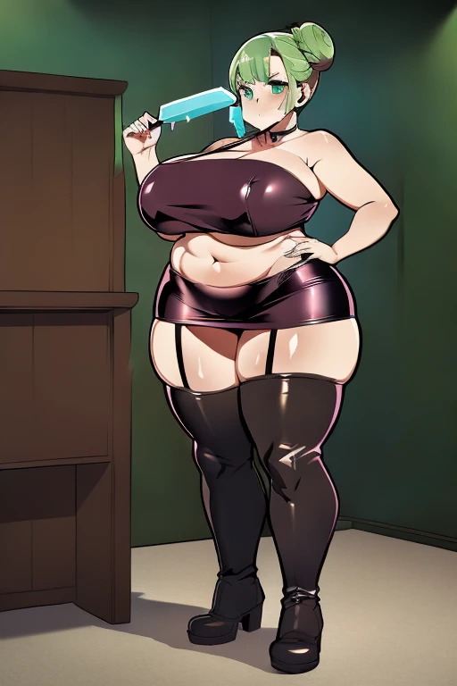 detailed digital art, dark green slim girl, hair is in two buns, undersized clothes, ((tight leather mini tube top)), small breast, leather micro skirt, tight leather stockings, pair of leather boots, licking popsicle, gigantic muchimuchi