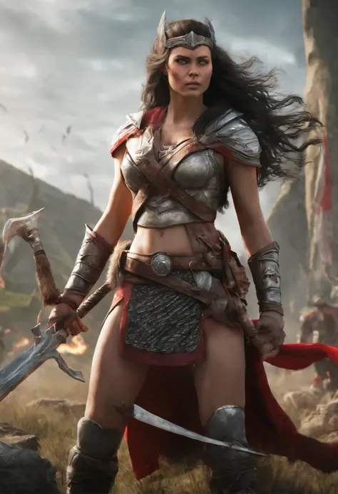 Lady Sif (Marvel comics), (Very Huge Huge ),(Very busty Huge Ass), The sun illuminates the battlefield on the green field, Viking Female Berserker stands over defeated enemy, axes in the blood, The Spirit of Victory, jubilation, Flags, Fire & Arrows, 4K ul...