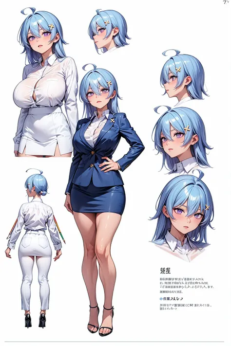 girl, solo, full body, from head to toe, standing, (Huge_Breasts:1.3), beautiful body, perfect body, nice body,

((Character Design Sheet:1.7, character reference sheet:1.7,)),

yowayowa, purple eyes, blue hair, ahoge, long hair, bangs, hair between eyes, ...