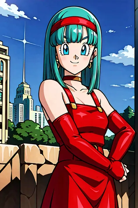 masterpiece, bulla, red hairband, a red leather dress, short red dress, red elbow gloves, bare shoulder, city, sunlight, blue sk...