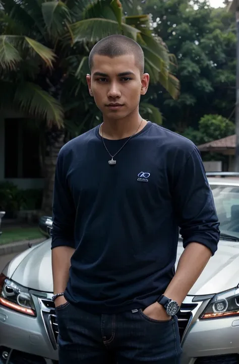 a young man of Indonesian race smooth face, focus, wearing navy blue shirt, navy jeans, wearing a watch on the left hand ring on the right hand, buzz cut hair, leaning on a lexus car with license plate BH 8505 EH, home page background.potography, ultra HD,...